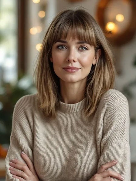 Simple Straight Human Hair Wigs With Bangs Long