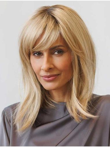 Medium Straight Layered Blonde Wig – Monofilament, Synthetic for Women