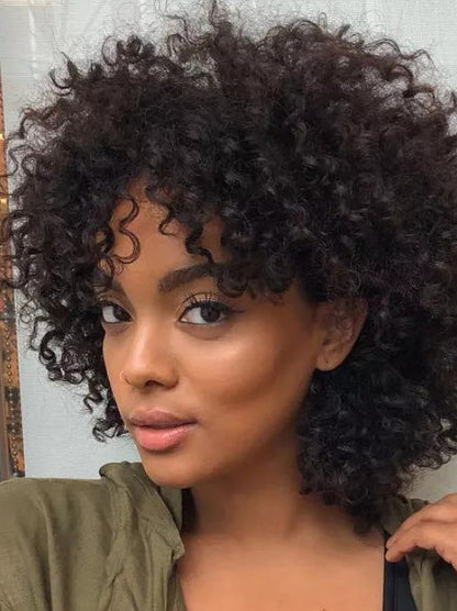 Black African Wigs Remy Human Hair Wavy Without Bangs