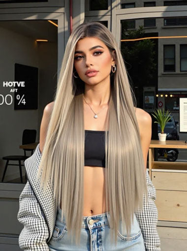 Premium Ash Blonde Synthetic Wig – Straight Hair 150% Density