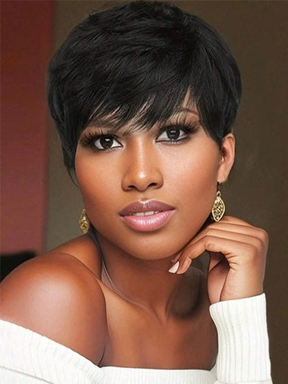 Real Human Hair Black Short Wig Easy Wear for Women