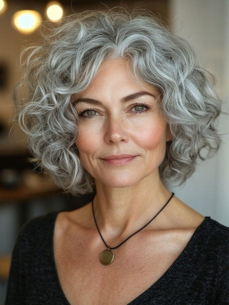 Grey Bob Curly Synthetic Wig for Mature Women