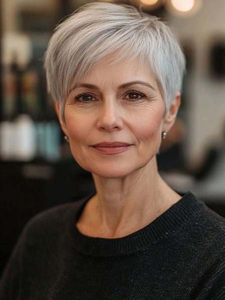 Short Grey Human Wig for Mature Women