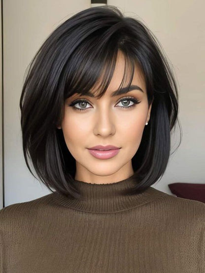 Chin Length Straight Human Bob Wig With Bangs