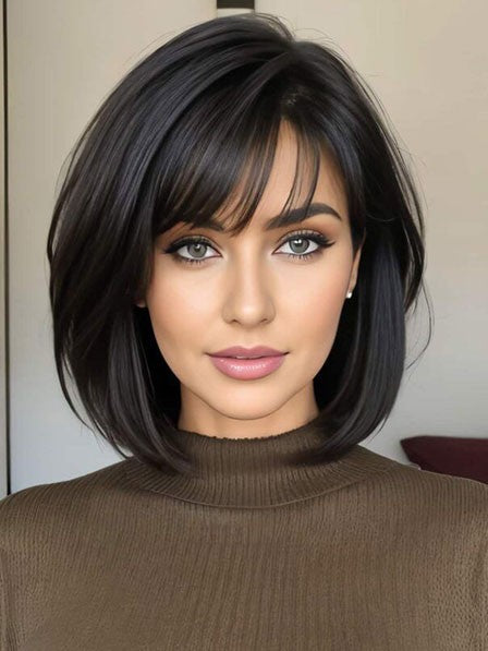 Chin Length Straight Human Bob Wig With Bangs