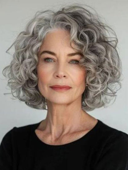 Casual Grey Curly Remy Human Hair Bob Wigs
