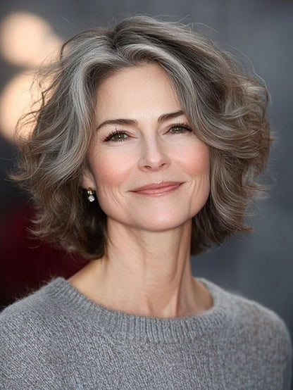 Grey Bob Human Hair Wig for Women Over 40