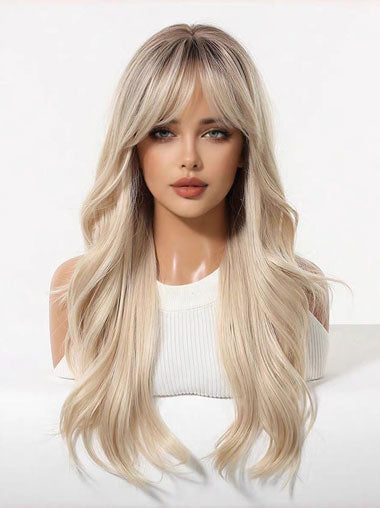 24 Inch Long Wavy Blonde Wig with Bangs for Women
