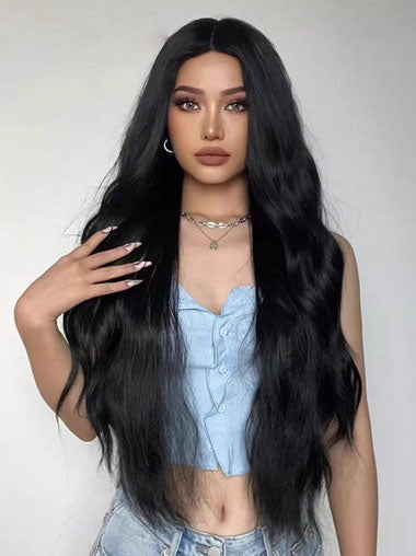 24 Inch Long Wavy Black Synthetic Wig for Women
