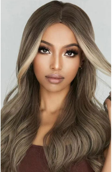 24" Long Wavy Ash Brown Wig Glueless Synthetic Wig