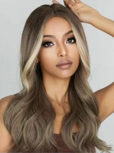 24" Long Wavy Ash Brown Wig Glueless Synthetic Wig