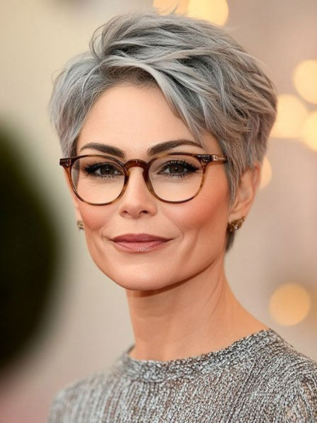 Short Pixie Cut Grey Human Hair Wig Straight