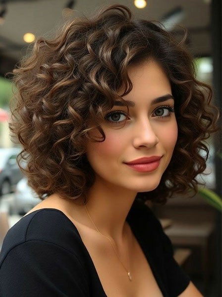 Human Hair Lace Front Curly Bob Wig Natural Look