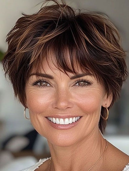 Short Real Human Hair Wig with Highlights Stylish