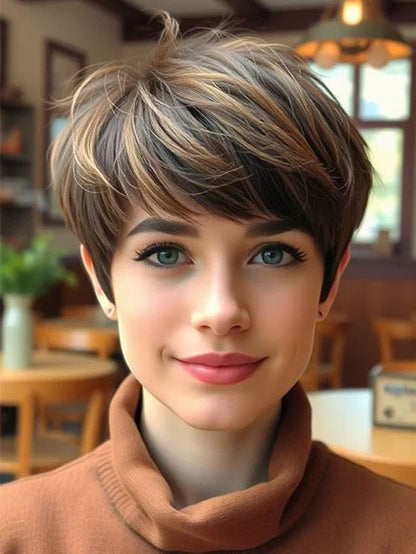 Short Brown Human Hair Wig with Highlights Effortless Chic Natural Style