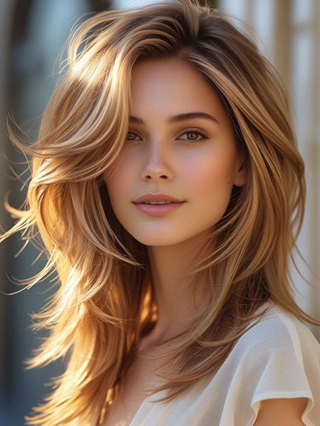 Fashion Long Blonde Layered Wig 100% Human Hair Natural Soft Look