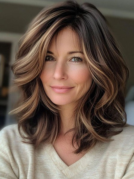 Mid Length Brown Wavy Human Hair Wig for Women – Natural Soft Look