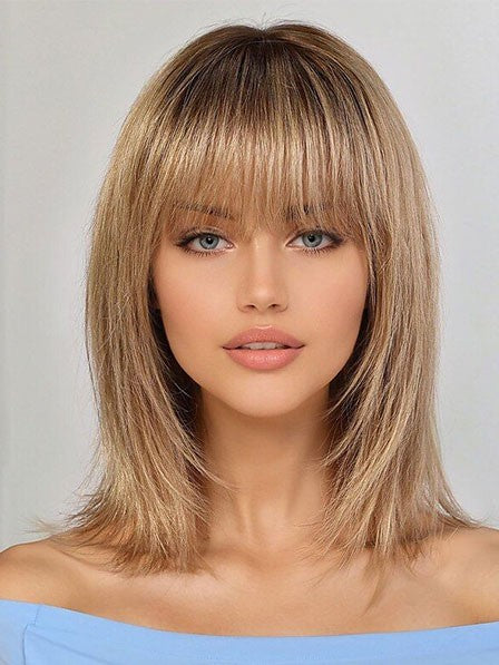 Blonde Human Hair Wig Medium Length Full Bangs