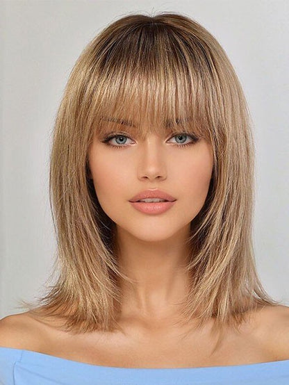 Blonde Human Hair Wig Medium Length Full Bangs