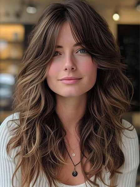 Long Brown Wavy Human Hair Wig – Natural Style for Women
