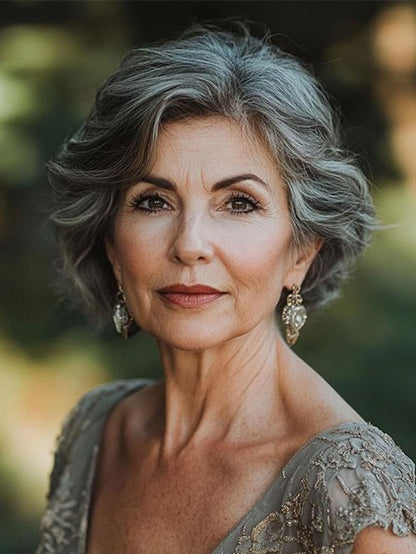 Trendy Grey Bob Human Hair Wig for Mature Women