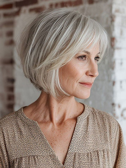 Chin Length Straight Layered Human Hair Lace Front Wig for Women