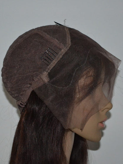 100% Human Hair Wig – Red Straight Full Lace with Bangs, Fashionable Look