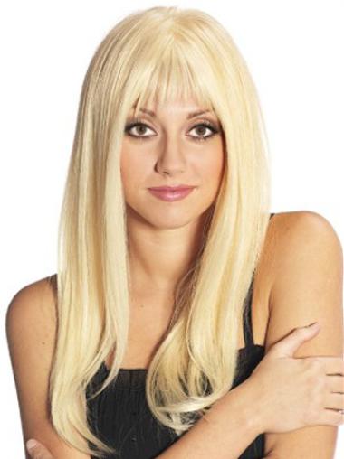 Blonde Full Lace Wig with Bangs – Long Human Hair for a Perfect Look